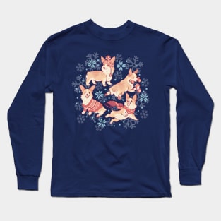 Winter corgis in blue Long Sleeve T-Shirt
